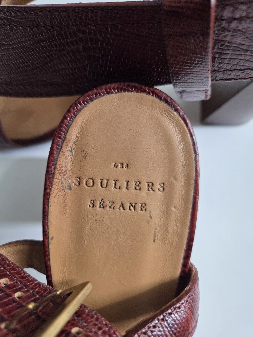 Sézane | Sacha Burgundy Croc-Embossed Leather Block Heel Sandals - Picture 14 of 15